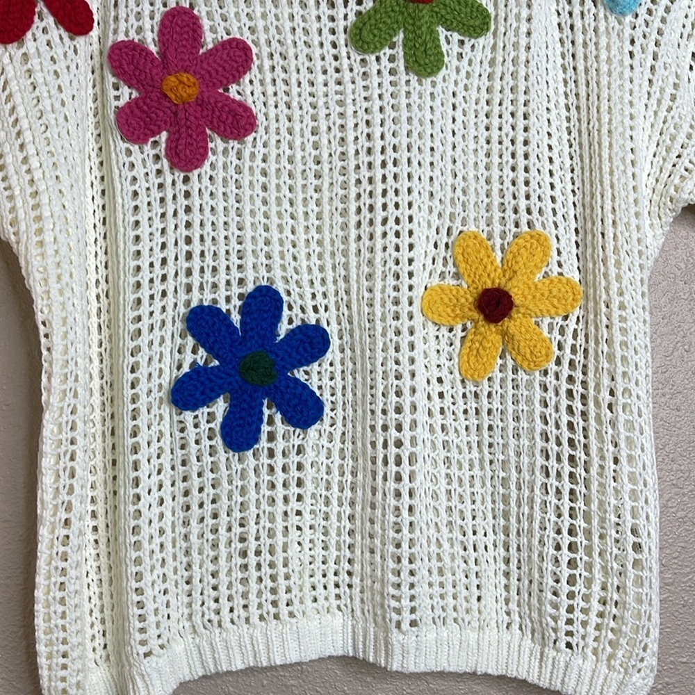 Women’s Ivory White Open-Knit Sweater with Colorful Crochet Flowers Sz XL - Picture 3 of 8